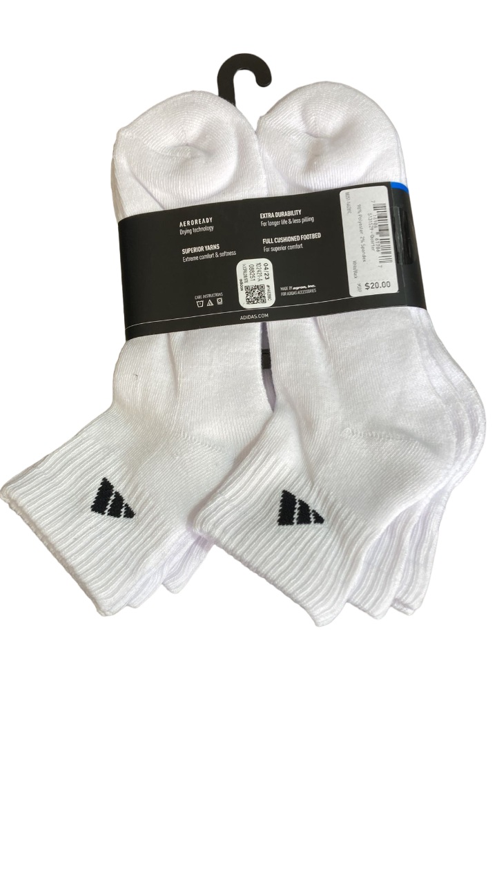Adidas Men's Cushioned Quarter Socks 6 Pair Shoe Size 6-12 White