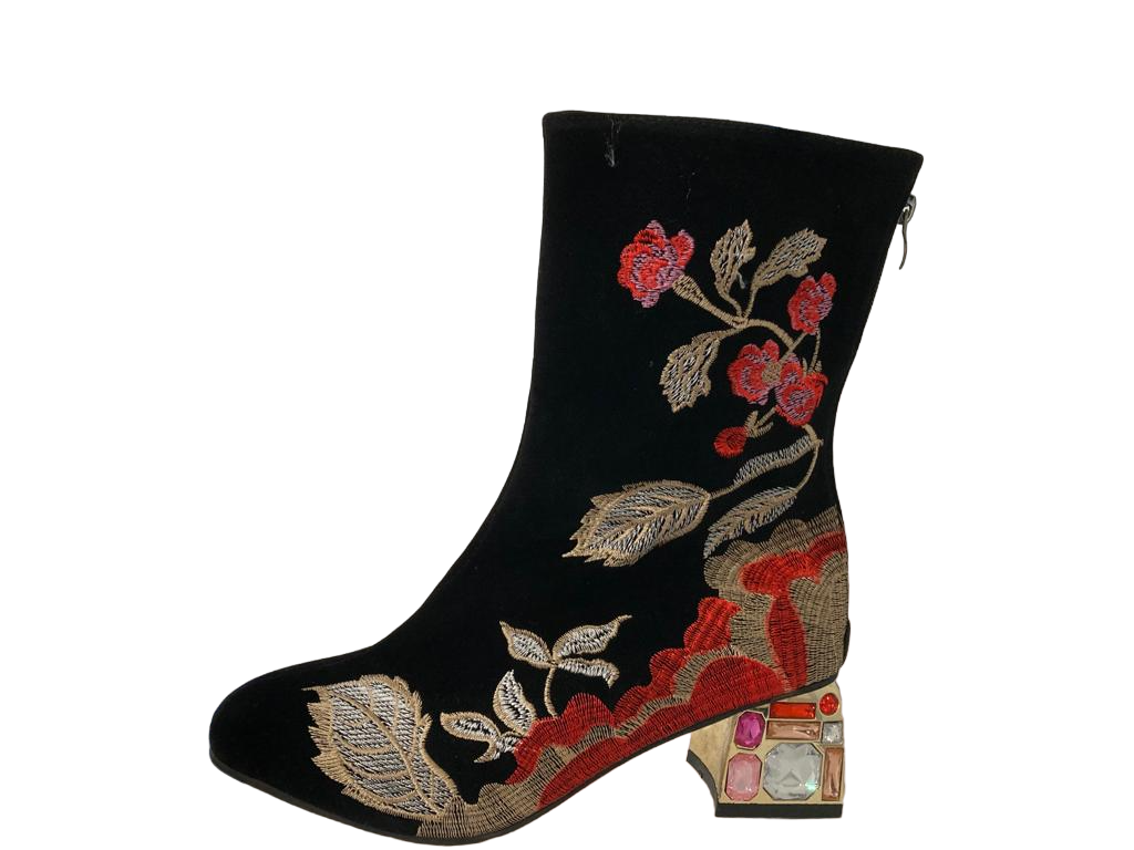 Black Floral Jewel Heel Women's Boots