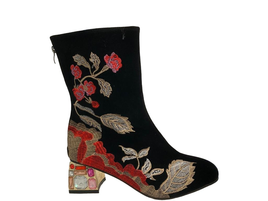 Black Floral Jewel Heel Women's Boots